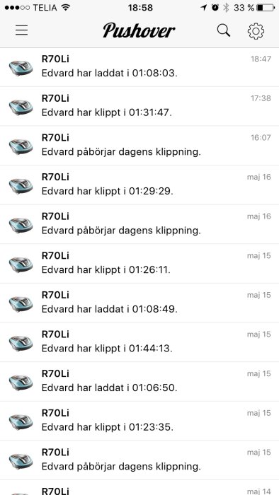 Skärmdump av gräsklipparapp med loggar för laddning och klipptider av en robotgräsklippare.