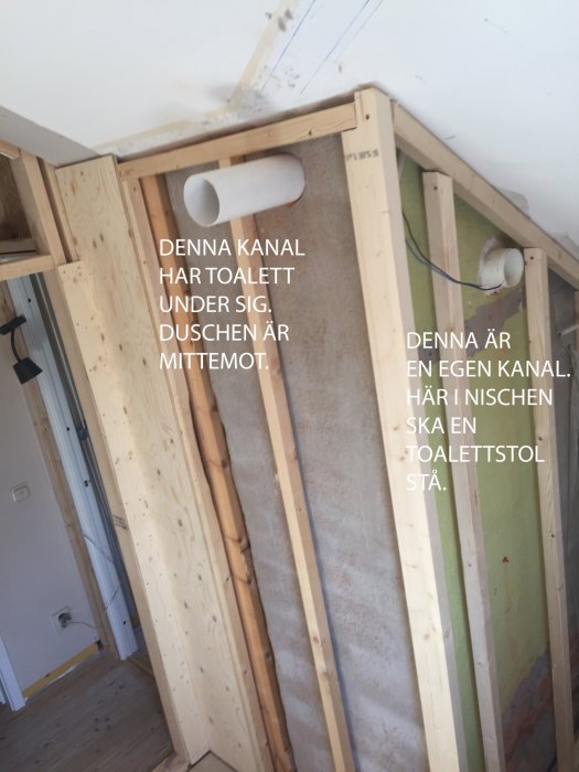 Renovering av badrum med synliga rör och anmärkningar om toalett- och duschavlopp.