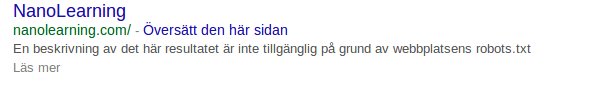 Sökmotorresultat för 'NanoLearning' med texten "Översätt den här sidan" och meddelande om otillgänglig beskrivning.