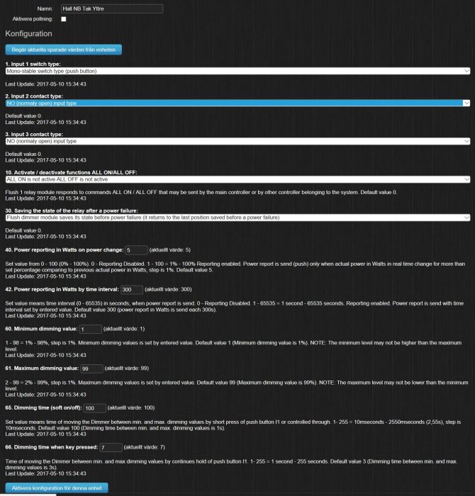 Skärmdump av konfigurationsinställningar för en intelligent brytarenhet i ett smart hem-system.