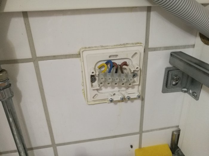 Uppkopplat 3-fas eluttag med flera färgkodade kablar i vägg, redo för konvertering.