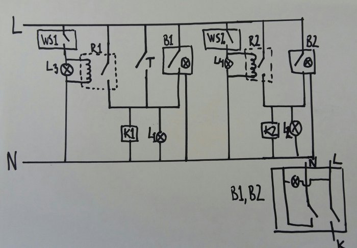 Handritad elektrisk kretsschema med komponenter märkta WS, R, B, K och strömförsörjningslinjer.