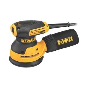 DeWalt DWE6423 oscillerande slipmaskin med dammpåse och hastighetskontroll, i svart och gult.