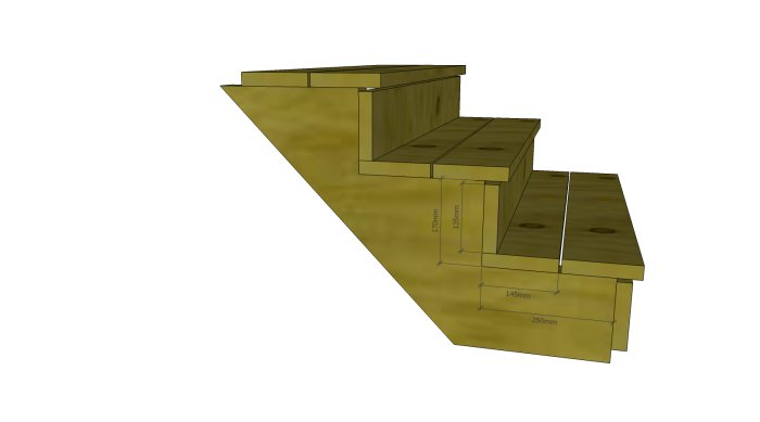 3D-modell av trätrappa med måttangivelser på steg och sättbräda.