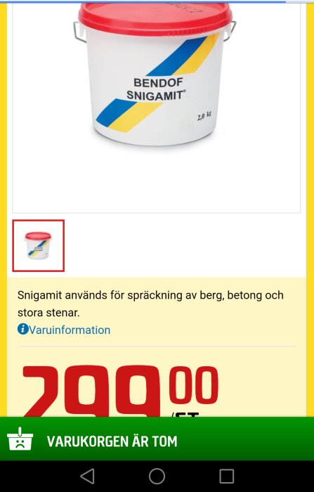 Hink med Bendof Snigamit för spräckning av berg och betong, prissatt till 2000 kronor.