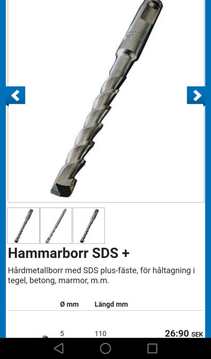 Hammarborr SDS Plus, hårdmetallborr för borrning i tegel, betong, marmor.