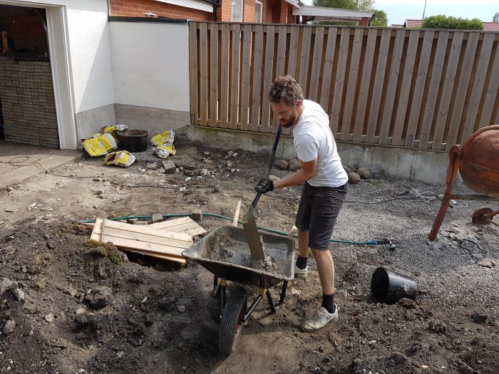 Person som fyller en skottkärra med betong vid ett pågående byggprojekt, betongblandare i bakgrunden.