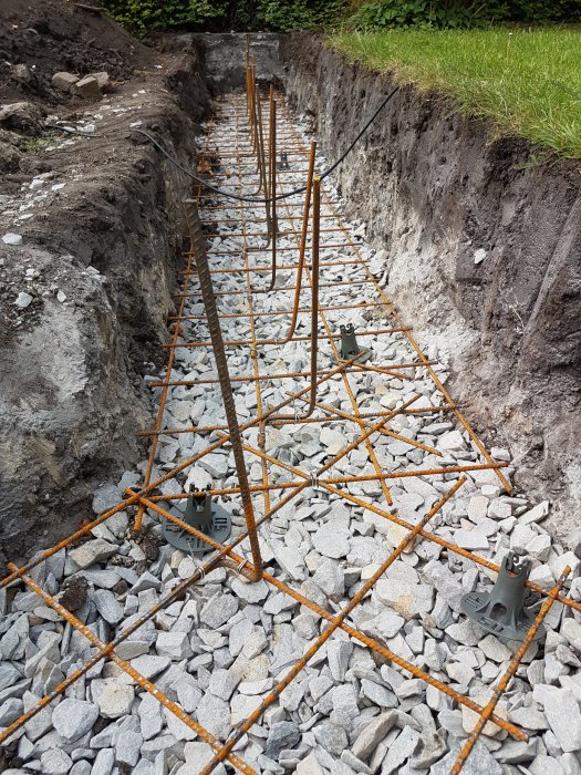 Grund för ett byggprojekt med paddad makadam och uppbyggd armering längs en grävd ränna, redo för betonggjutning.