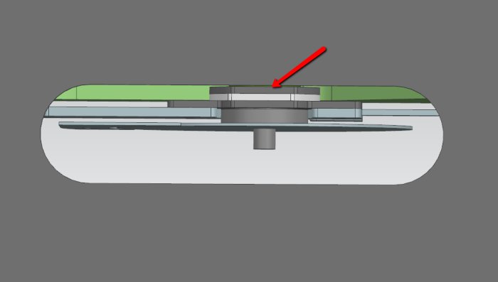 3D-modell av en såg med en pil som pekar på det centrala lagret för en riktad spaltknivsmekanism.