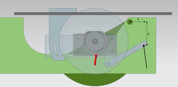Schematisk illustration av en modifiering för en riving knife på en Wadkin AGS10-såg med markerade komponenter.