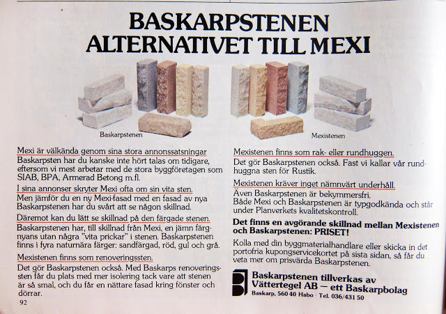 Annonssida för Baskarpstenen som alternativ till Mexi, visar olika färger och former av byggstenar med beskrivande text.