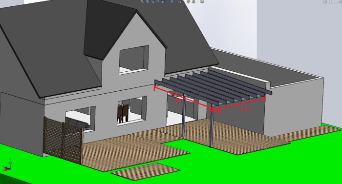 3D-modell av nybyggt hus med en obyggd altan och markerade mått för en planerad pergola.