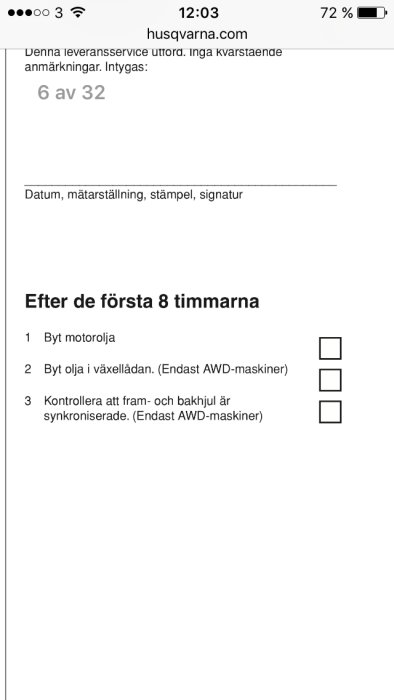 Skärmdump av checklista för maskinservice med tre punkter angående oljebyte och kontroll.