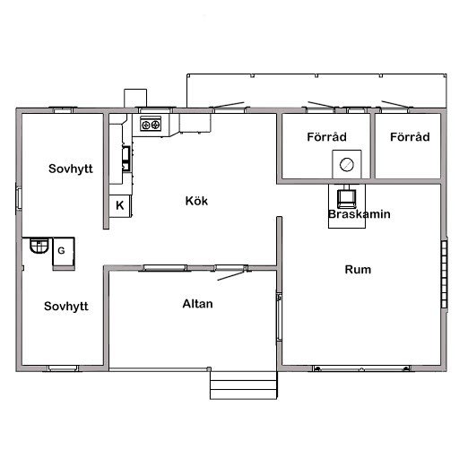 Planritning av en stuga som visar placeringen av rum, kök, altan, fönster och braskamin.