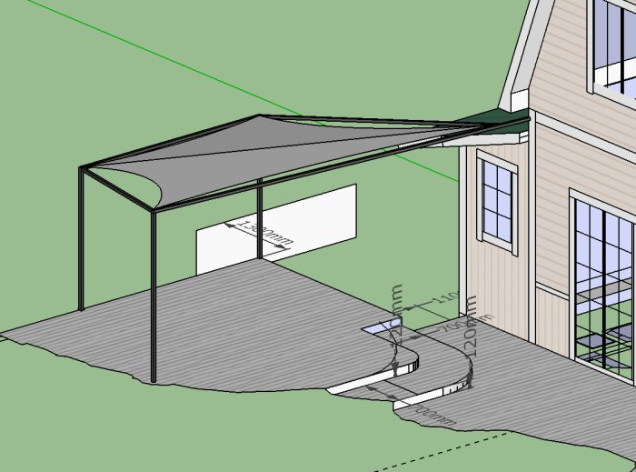 3D-modell av en uteplats med en svart segelduk spänd över en fyrkantsrörsställning fäst vid husfasad.