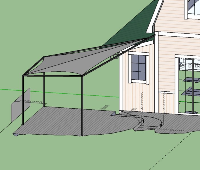 3D-ritning av uteplats med takstomme av fyrkantsrör och segelduk fastsatt vid husfasad.