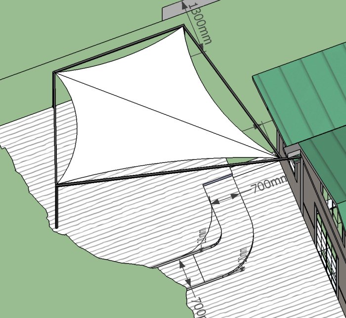 CAD-ritning av en uteplats med en segeldukstak konstruktion fastsatt vid ett fyrkantsrör och husfasad.