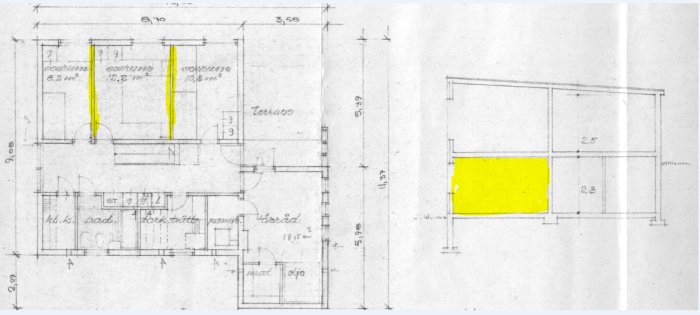 Ritning av hus med markerade tjocka gula väggar som ska rivas, ej bärande konstruktion.