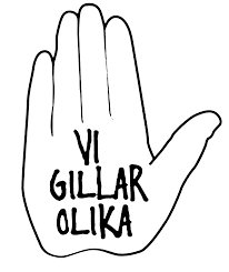 Illustration av en hand med texten "VI GILLAR OLIKA" skriven över handflatan.