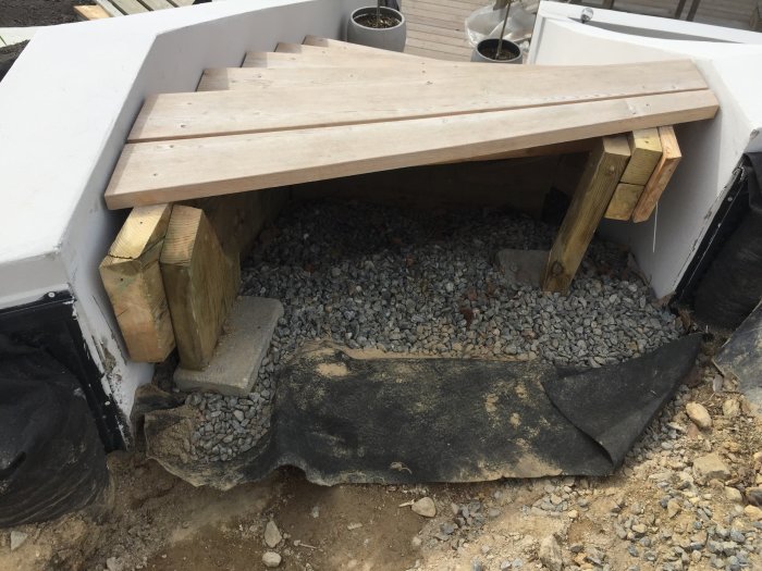 En otillräckligt understödd trätrappa med borttaget övre steg, utsikt till grus och trästöd.