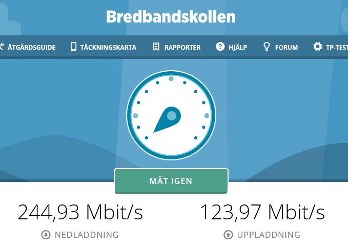 Skärmdump från Bredbandskollen som visar hastighetstestresultat med 244,93 Mbit/s nedladdning och 123,97 Mbit/s uppladdning.