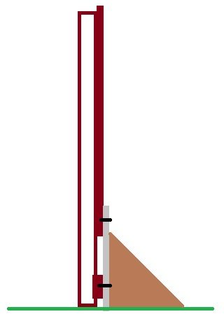 Enkel illustration av en brunöppning och dess svängningsradie, markerad med en röd linje, mot en vit bakgrund.