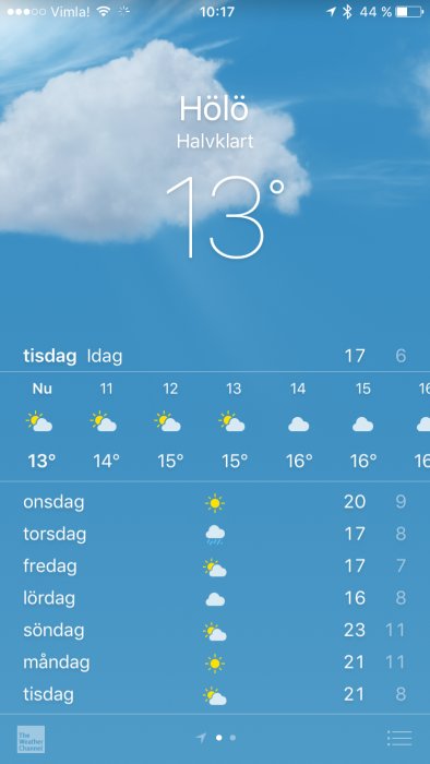Skärmdump av en väderapp visar väderprognos för Hölo, halvklart och 13 grader Celsius.