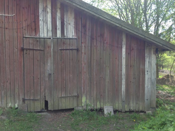 Slitet träskjul med ojämn träpanel och trasiga dörrar som står på betongfundament.