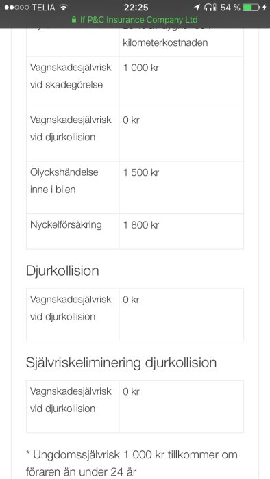 Skärmdump av försäkringsvillkor som visar självrisker för vagnskada, djurkollision och nyckelförsäkring.