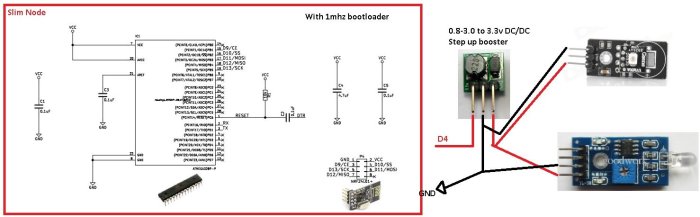 Elektronikschema för slim node och anslutningen av en DC-DC step up booster till en digital utgång D4.