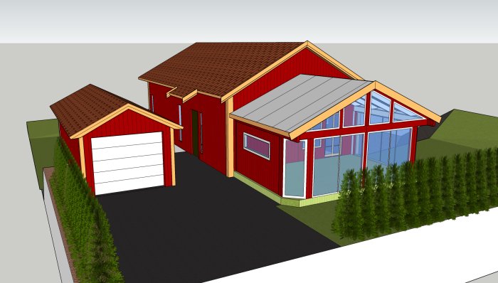 3D-modell av en röd villa med ett planerat inglasat uterum, nära en carport och en uppfart.