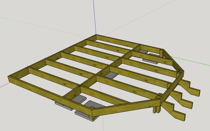 3D-skiss av underlag för byggprojekt med olika höjd på bärlinor och reglar.