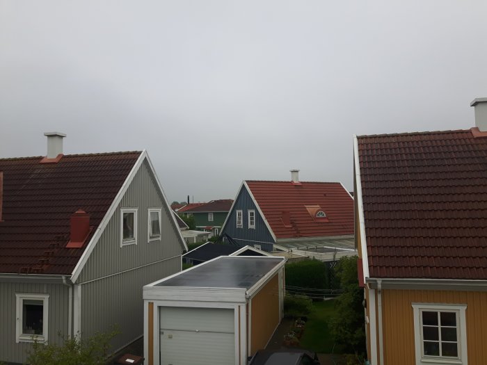 Vy över flera hus i bostadsområde med tak behandlade med Grön Fri, ett renare än de andra.