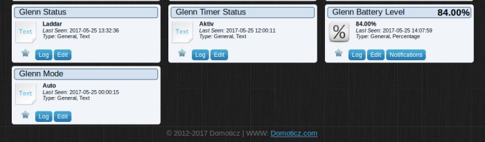 Skärmdump av Domoticz hemautomationssystem som visar status, timer och batterinivå för en enhet vid namn Glenn.
