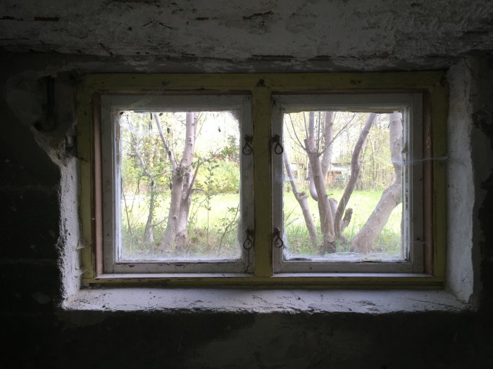 Gammalt källarfönster i ojämnt murat hål, med utsikt mot trädgården, i behov av renovering för glasblocksinstallation.