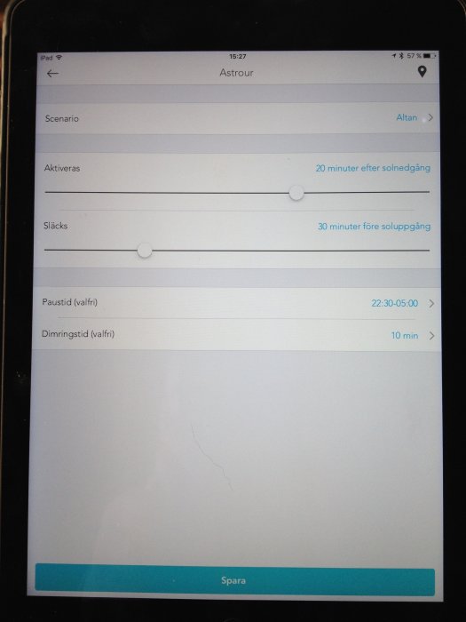 Skärmdump av Plejds app med astrourtillvalsinställningar på en surfplatta.