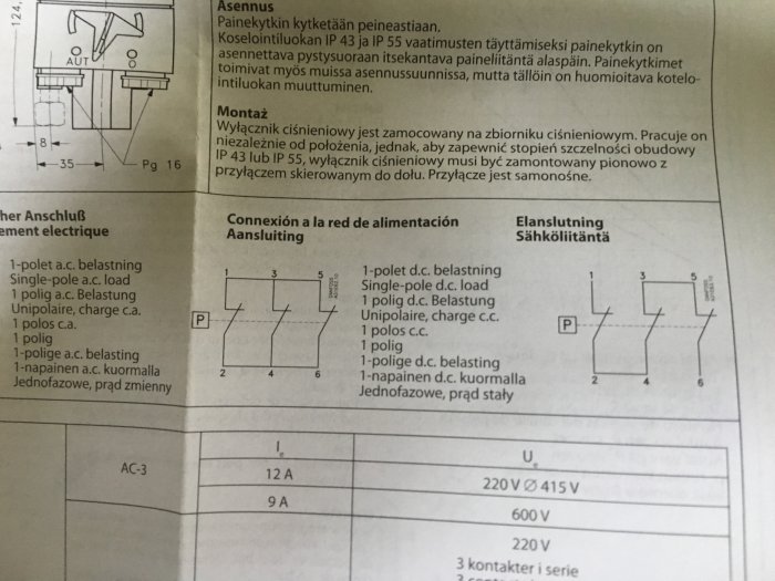 Inkopplingsschema för tryckströmbrytare med märkningen Danfoss CS2-6 och förvirrande streck mellan anslutningspunkter.