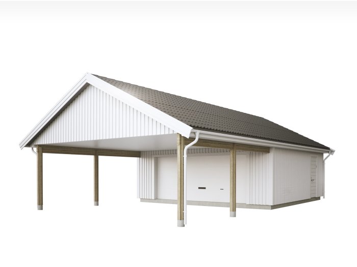 3D-modell av ett garage med carport, visar garageport och stomkonstruktion.