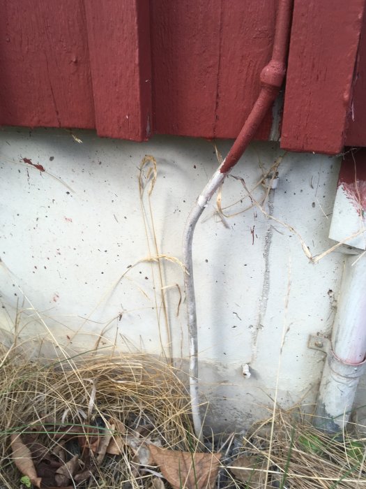 En oanvänd elkabel går längs en vägg med röd panel ned i marken, bakom torrt gräs och löv.