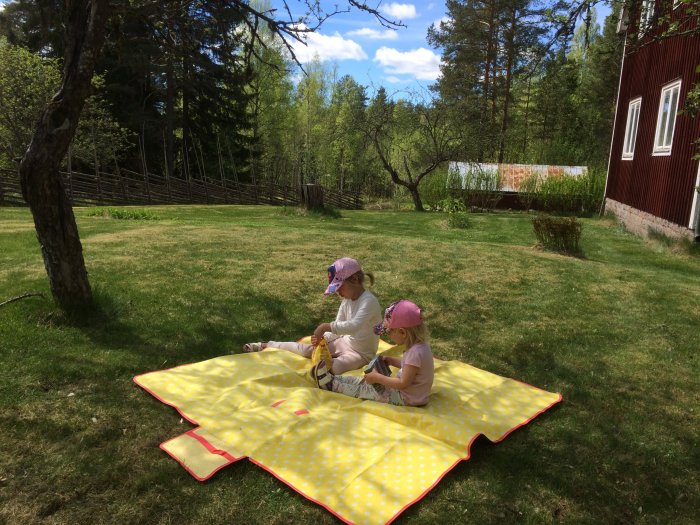 Två barn sitter på en picknickfilt under ett träd i en lummig trädgård med gula plädprickar.