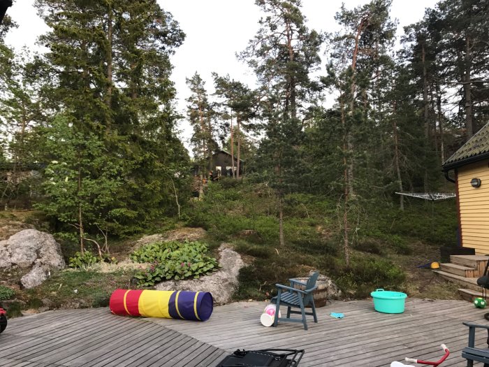 Trädgård vid skogskant med en uteplats, leksaker, och träd i bakgrunden som ska rensas.