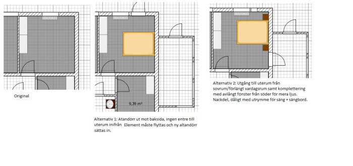 Planritningar över ett rum med två designförslag för renovering, inkluderar möbler, fönster och dörrar för att ansluta till ett uterum.