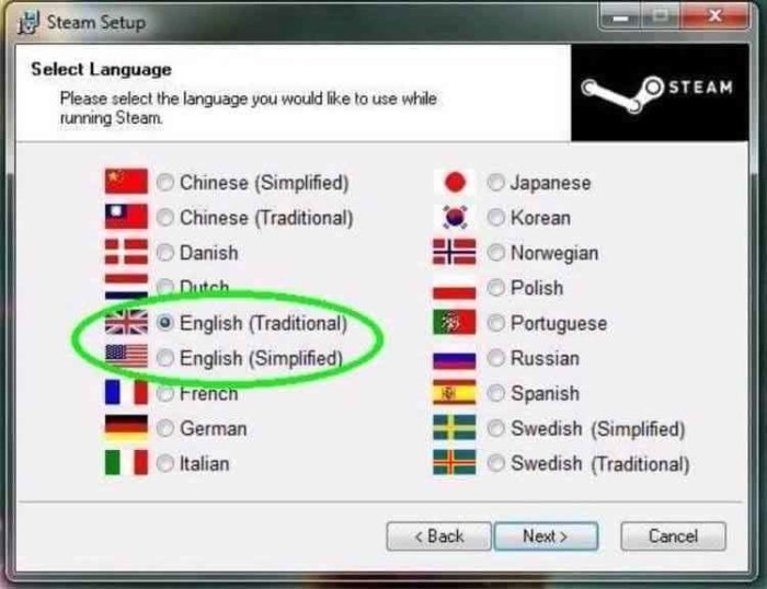 Skärmdump av språkvalsmeny i Steam-installation med "English (Traditional)" och "English (Simplified)" markerade.