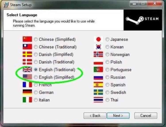 Skärmdump av Steam-installation med språkval, "English (Simplified)" markerat med grönt.