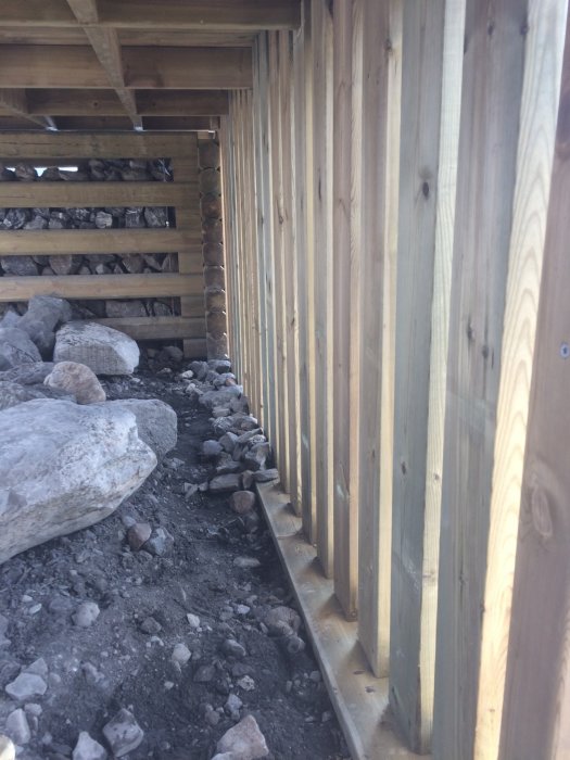 Träreglar monterade vertikalt längs med en grund, bredvid sten och grus.