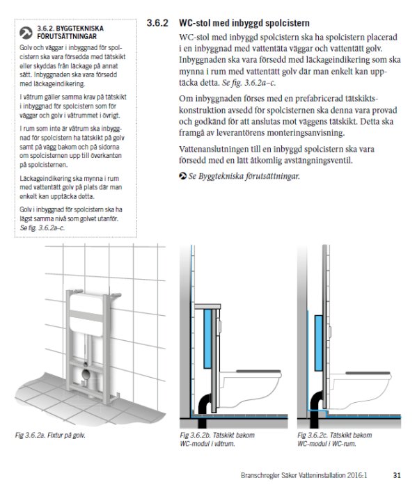 Diagram som visar installation av väggmonterad WC-modul med inbyggd spolcistern och fuktspärrsystem.