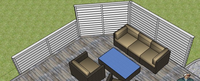 3D-modell av ett hörn av en altan med vindskydd bestående av horisontella ribbor, möbler och trädäck.