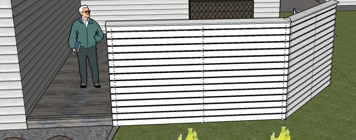 Illustration av föreslagen design för vindskydd med horisontella ribbor och stolpar på en altan.