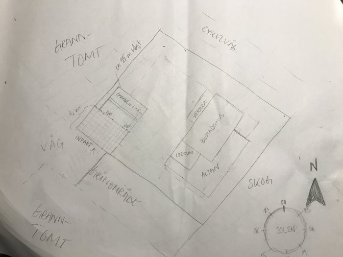 Skiss av en tomtplan med placerat garage, parkeringsplats och hus i förhållande till väg och kompass.