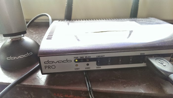 Dovado-router med ansluten antenn, indikerar aktiv 3G-anslutning för tillfälligt internet i hemmet.